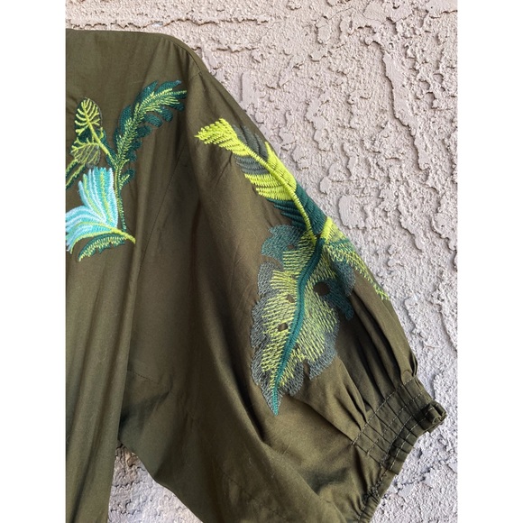ZARA Army Green Puff Sleeve Blue Tropical Floral Embroidered Open Back Romper - Picture 4 of 12